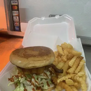 This is a Bacon CheeseBurger with lettuce, grilled onions &amp; jalapeños, mayo, bacon, and I topped it off with fries to dip in my SIMMZ SAUCE