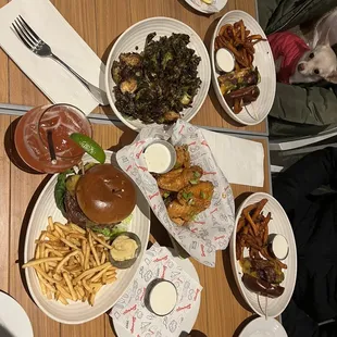 15 Minute Wings, Simmzy's Burger, Billionare Burger, Caramelized Brussel Sprouts