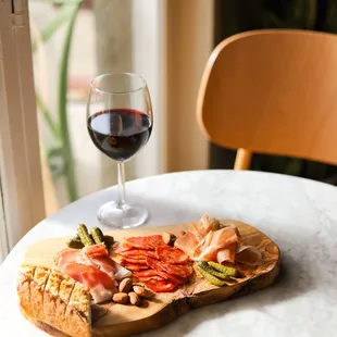 a glass of wine and a plate of food