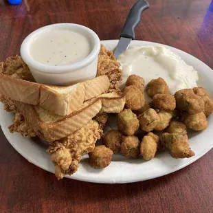 Chicken fried chicken, okra, mashed potatoes and Texas Toast