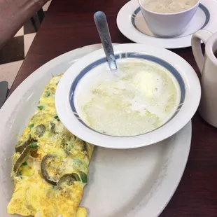Grits and jalepeno omelette - a little on the dry side day said.