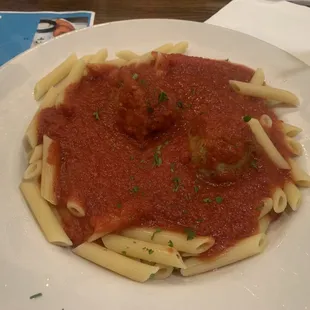 Penne with meatballs.