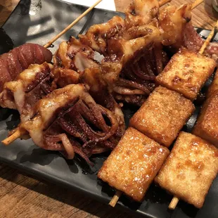 Taiwanese sausage (personally would skip cuz I think it&apos;s too much flavor) squid tentacles (MUST GET) fish tofu