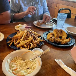 Coleslaw, fries, catfish