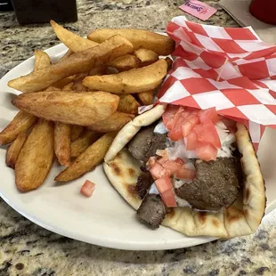 Gyro Sandwich with golden fries.