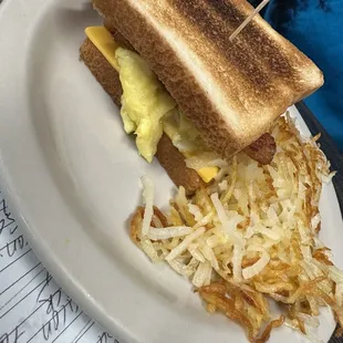 Breakfast sandwich and hash browns