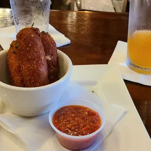 Crayfish cheesesticks and blood orange berliner-weisse.