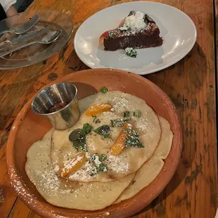 Crepe dessert and chocolate cake