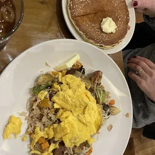 Roasted turkey and brussel sprouts hash with pancakes