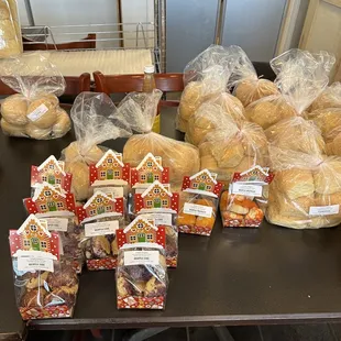 a table of bread and cookies