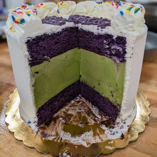 sectional of ube and matcha ice cream cake