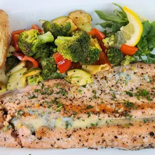 Trout and mixed vegetables. Perfectly seasoned and cooked.