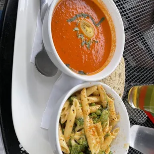 Half Cheddar Penne and half Heirloom Tomato Bisque