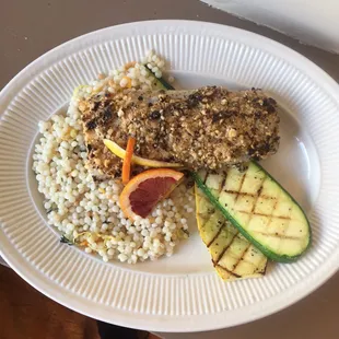 Macadamia encrusted Mahi Mahi with grilled vegetables and Citrus Cous Cous