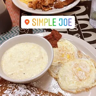 Number 6! One with hard fried eggs and turkey bacon. The other with soft scrambled eggs and cheese with a side of shrimp.