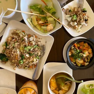 Pumpkin soup, house salad, fried rice, vegetable clay pot sensation