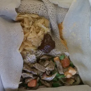 Tibs, cabbage, and a sample of shiro.