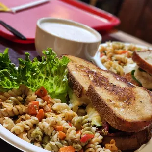 Pastrami Sandwich on Sourdough Bread with Pasta Salad