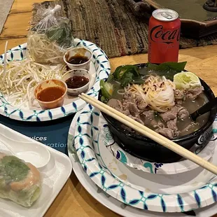 Beef and meatball pho plus a spring roll.