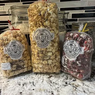 Various sections of unique popcorn flavors