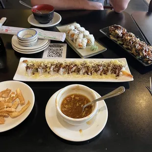 Hot &amp; Sour Soup, Miso Soup, Spicy California roll, Crunch roll, Spicy Salmon roll.