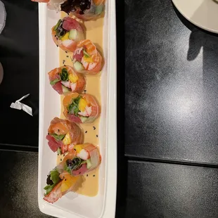 Marilyn Mon Roll, had crab, tuna, salmon, mango, greens, and wrapped in soy paper- simply fresh and Amazing!