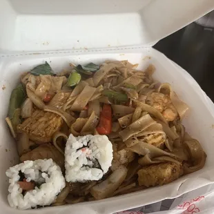 Spicy Flat Noodle "Pad Kee Mow"  (Drunken Noodles!)   [The roll ends are from my sister's California &amp; Philadelphia Rolls]
