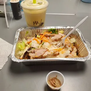 Lemongrass chicken bowl with the smallest portion of pate I have ever seen and 3 little crispy eggplants ( $1 extra each)