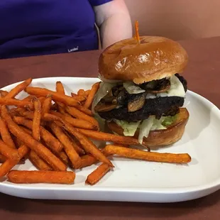 Black Bean Burger with Sweet Potato Fries....