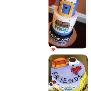 Examples I sent her. The bottom photo is a cake she made. Both cakes have  &apos;Friends&apos; clearly written on them.