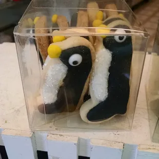 penguin cookies in a clear box