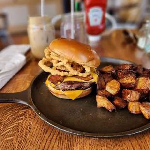 a hamburger and fries