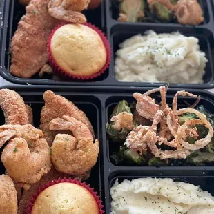 Fried Catfish &amp; Shrimp with Mashed Potatoes and Brussel Sprouts