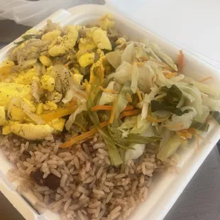 a meal in a styrofoam container