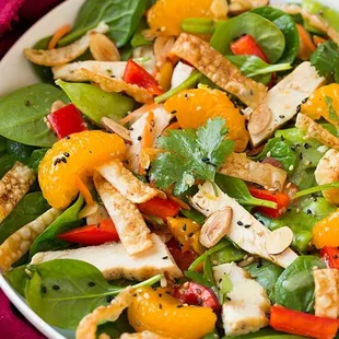 Mandarin Orange salad with grilled chicken and sweet peppers