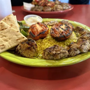 Chicken Kabob Platter with Roasted vegetables Basmati Rice and Pita Bread!