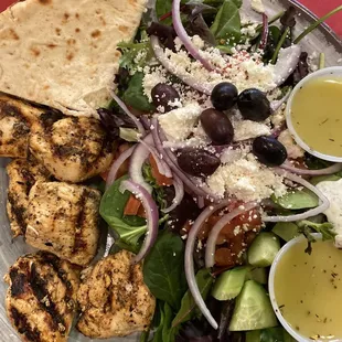 Greek Salad with chicken kabobs