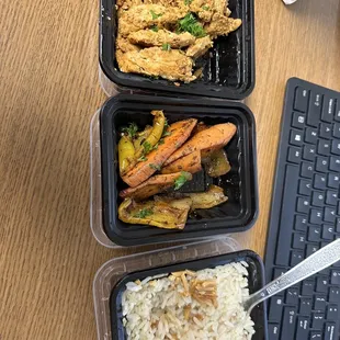 Side of chicken shawarma, roasted vegetables, and rice
