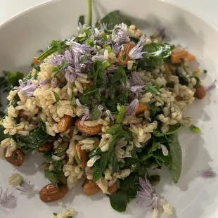 Brown rice salad, served warm. Yum!