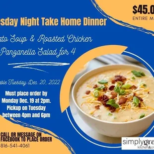 Take home dinner if ordered day before.