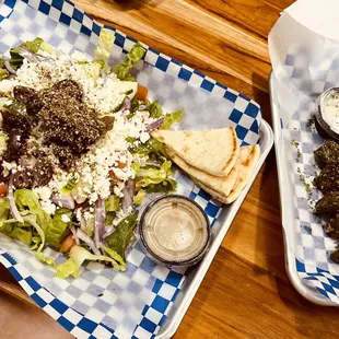 Greek salad and Dolmades.