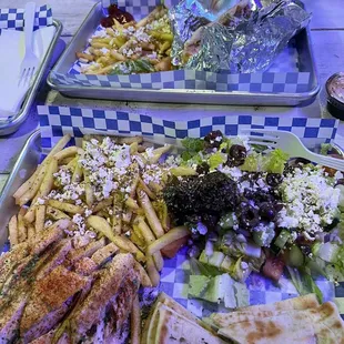 Grilled chicken platter and Dionysus bacon and chicken pita.