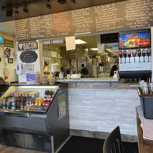 a view of a restaurant counter