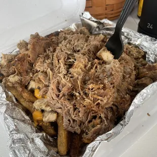Trojan fries with pork &amp; chicken.
