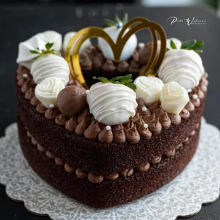 Level of Love - 2 layers of decadent chocolate cake shaped like a heart.  Garnished with your choice of dipped berries and chocolates.