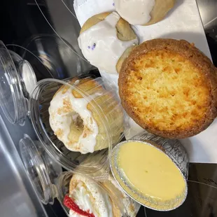 Tres leches cake, flan, cinnamon crumb, Bundt cake, mini coconut pie, lemon cookies