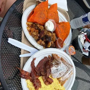 (Top) Breakfast quesadilla on a sundried tomato tortilla w/side of breakfast potatoes (Bottom) French toast with bacon and scrambled eggs
