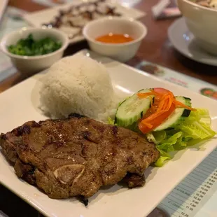 a plate of steak and rice