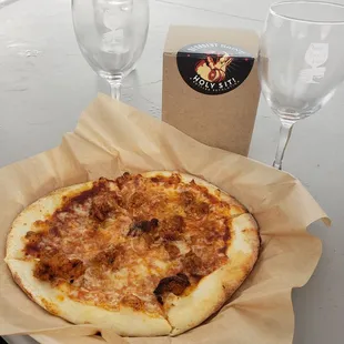 Italian Sausage Pizza.  (The wine was part of the wine fest event and not sold by Simply Pizza)