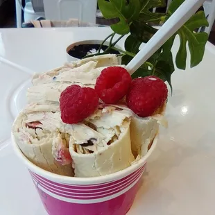 Matcha berry (green tea based ice cream with condensed milk, blueberries+raspberries) $7.99
